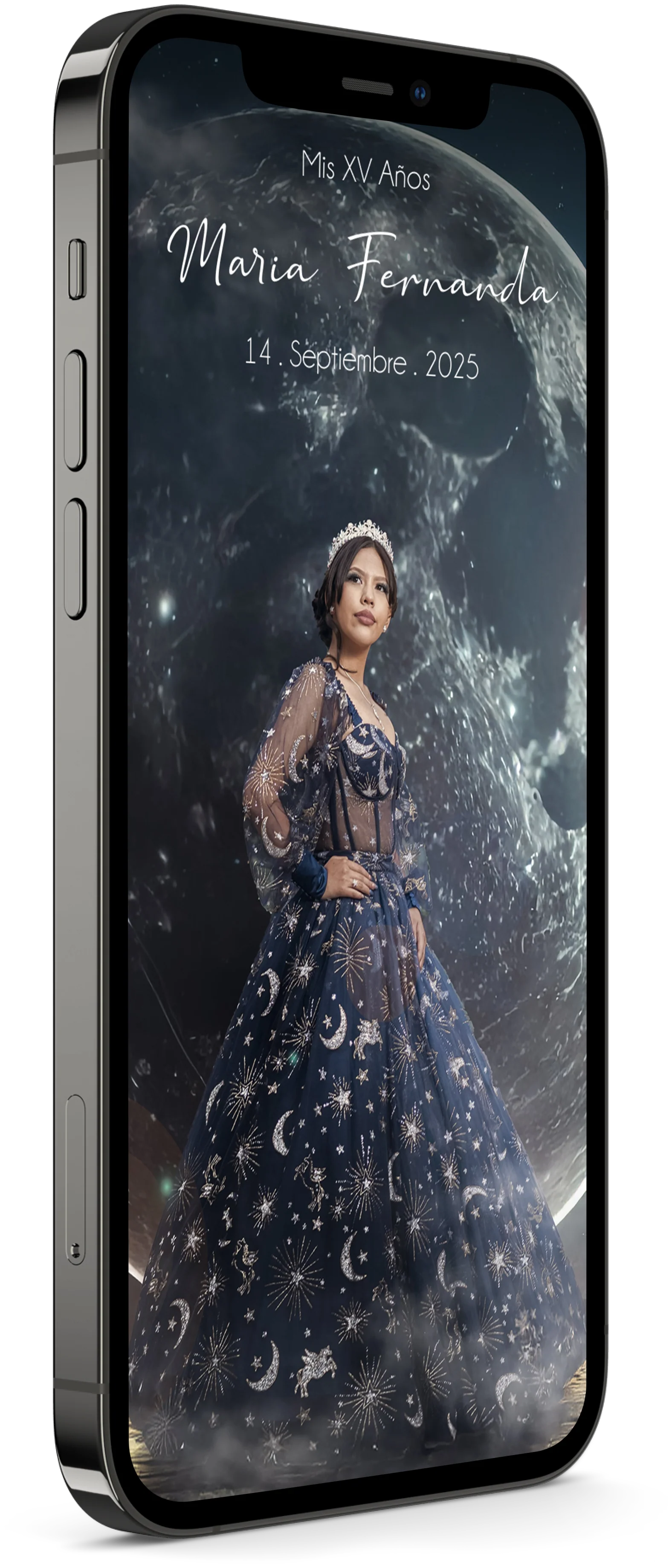 Mockup de un teléfono con una invitación para xv años